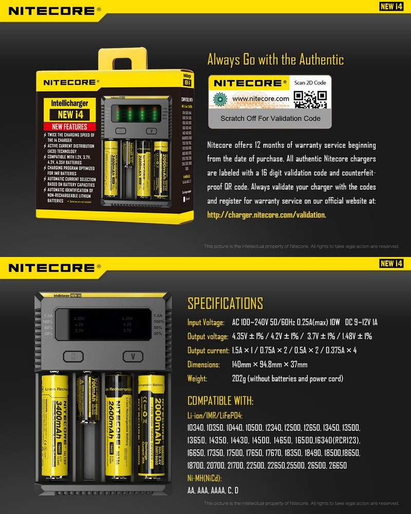 Chargeur intelligent Nitecore New I4 pour accus de e-cig