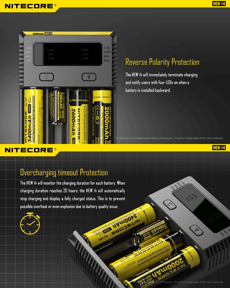 Chargeur Nitecore NEW i4 Nitecore + 2 ou 4 batteries 18650 3400 Nitecore +  câble allume cigare