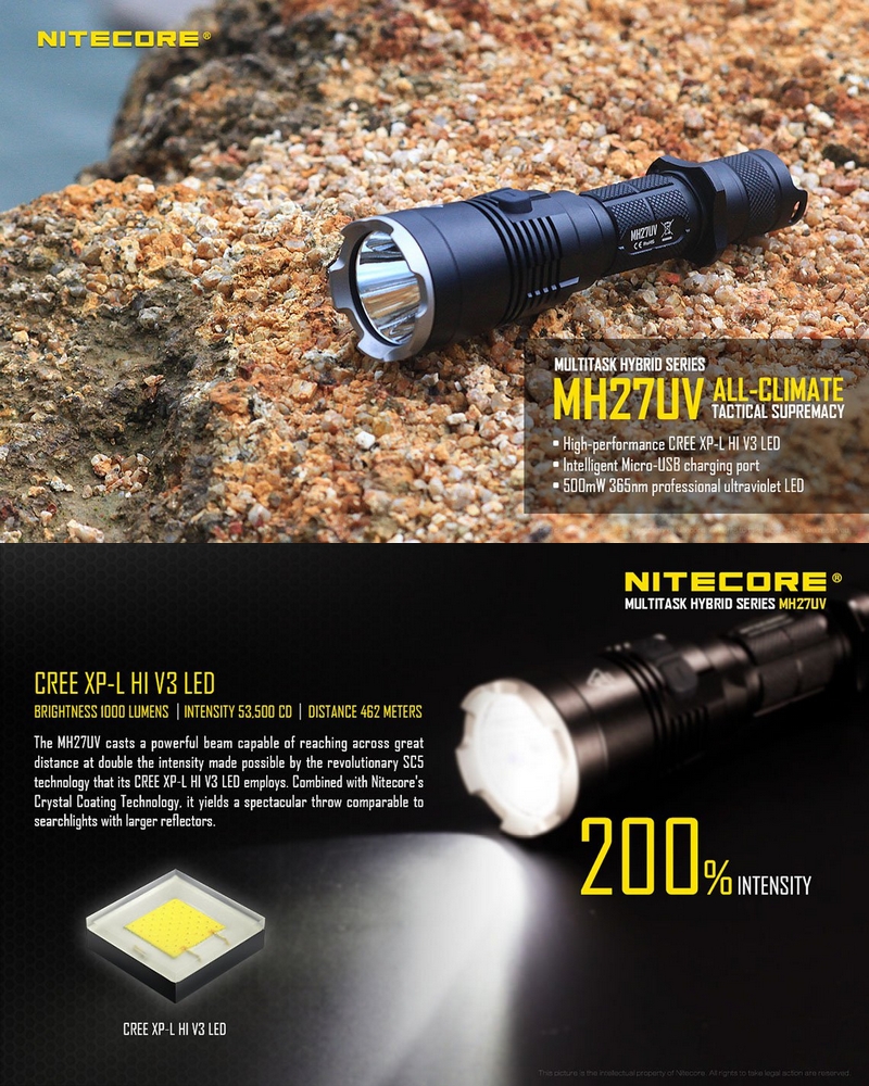 bleu Nitecore ® MH27UV 1000 lm USB Rechargeable DEL Lampe de poche avec rouge et UL