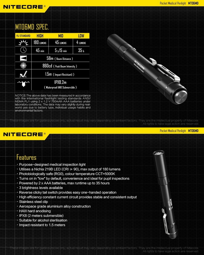 Lampe Torche stylo Nitecore MT06MD 180Lumens, certifiée médicale