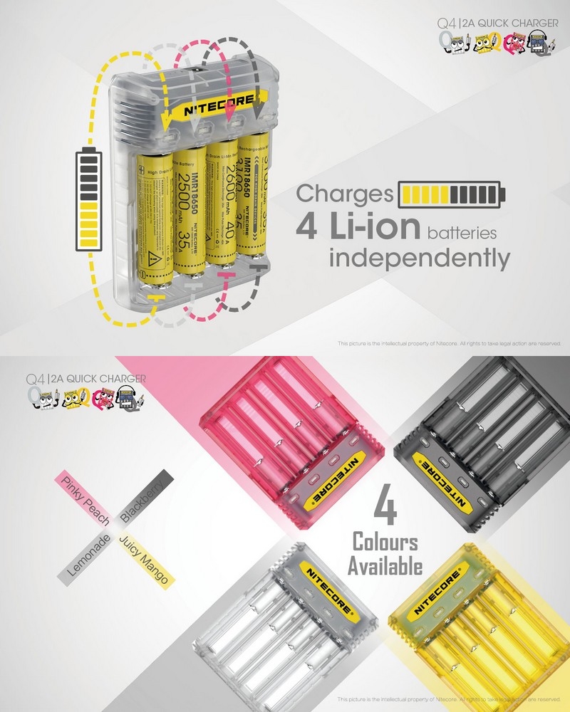 Chargeur Nitecore NEW i4 Nitecore + 2 ou 4 batteries 18650 3400 Nitecore +  câble allume cigare